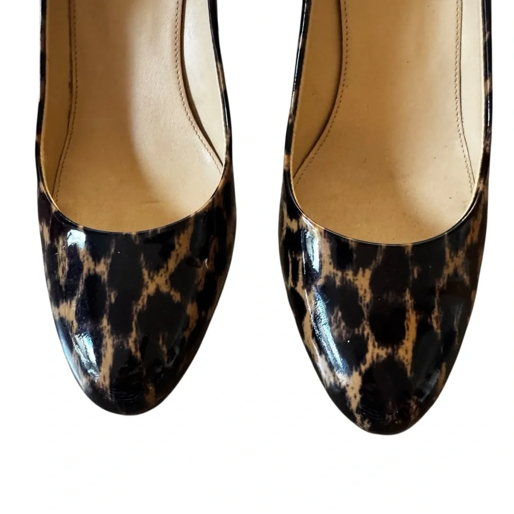 J Crew Size 7 Black/Tan Patent Leather Leopard Print Wedge Shoes Heels
